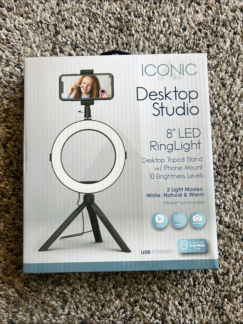 ICONIC London 8" LED Ring Light Desktop Studio - White and Black